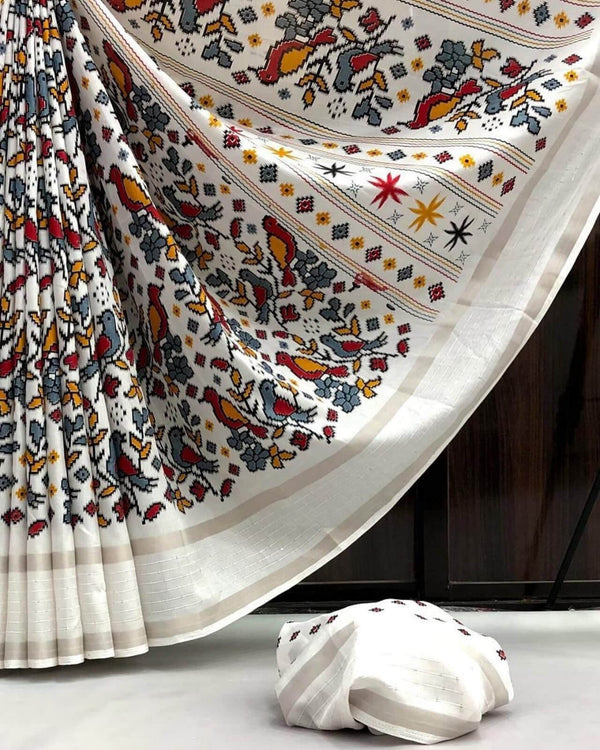 Trendy White Digital Printed Dola Silk Saree With Admirable Blouse Pie - Shop authentic Indian Women's Fashion by Silk Folks