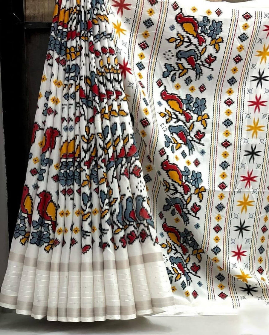 Eye-catching White Digital Printed Dola Silk Saree With Admirable Blou - Shop authentic Indian Women's Fashion by Silk Folks