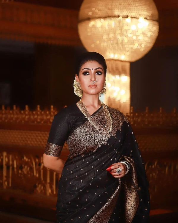 A dreamy Black Soft Banarasi silk saree With Lissome Blouse Piece - Shop authentic Indian Women's Fashion by Silk Folks