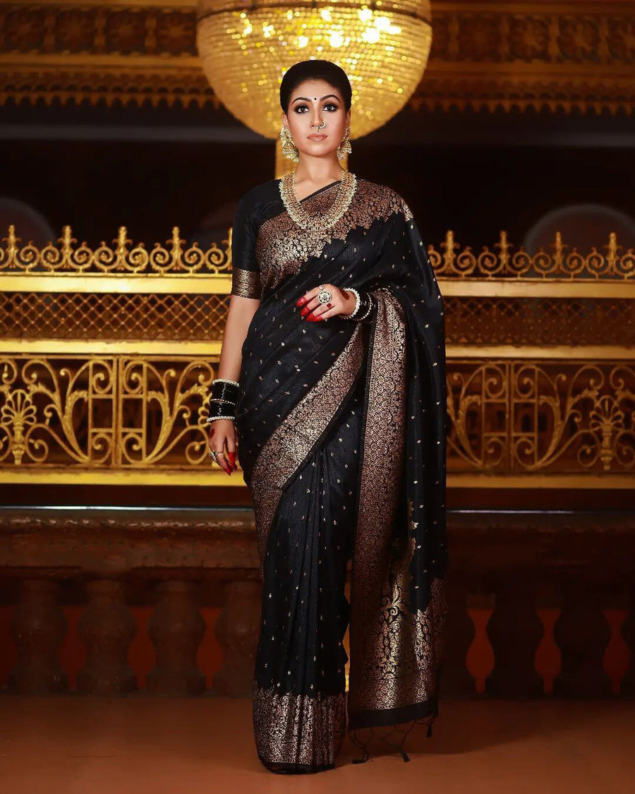 A dreamy Black Soft Banarasi silk saree With Lissome Blouse Piece - Shop authentic Indian Women's Fashion by Silk Folks