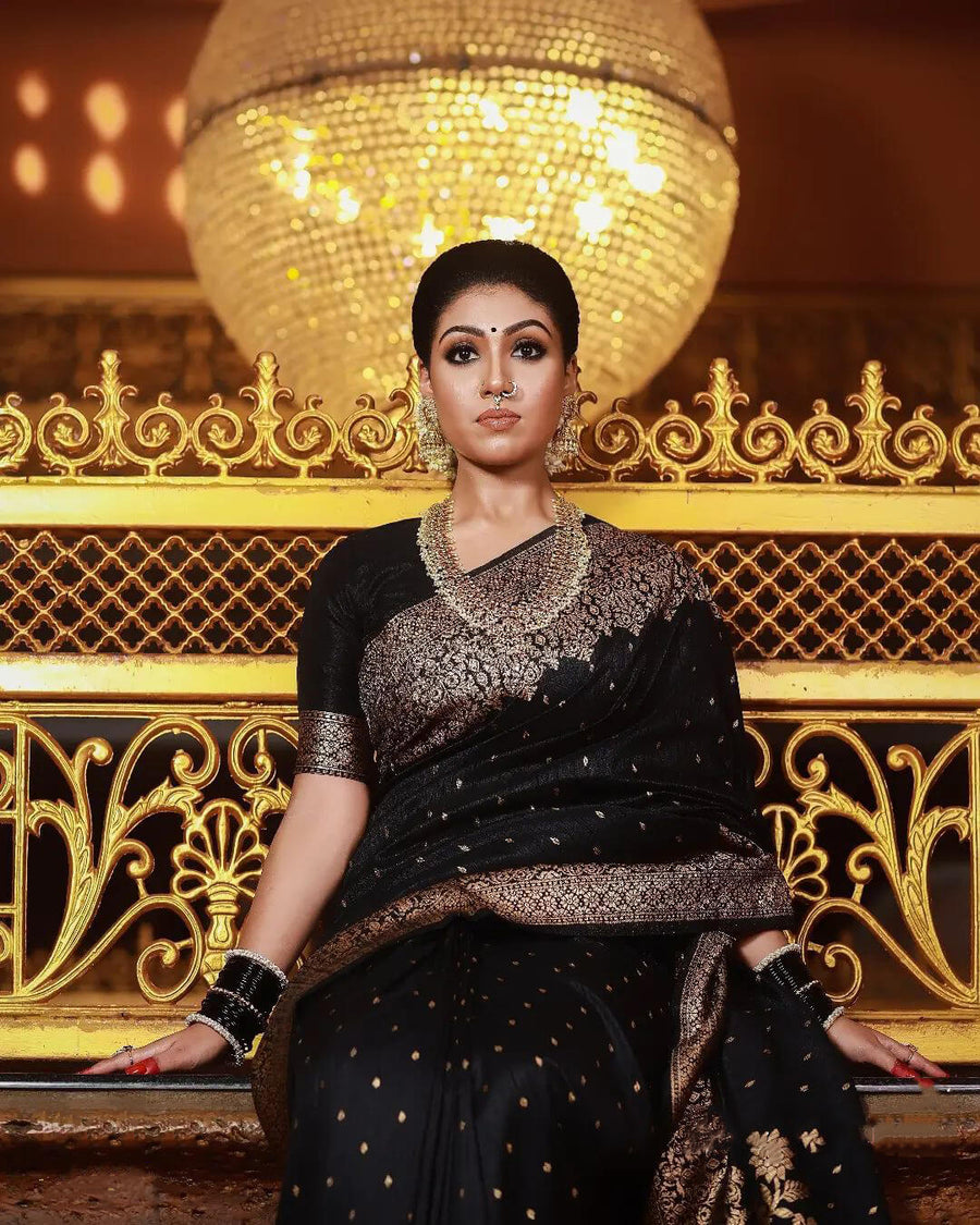 A dreamy Black Soft Banarasi silk saree With Lissome Blouse Piece - Shop authentic Indian Women's Fashion by Silk Folks