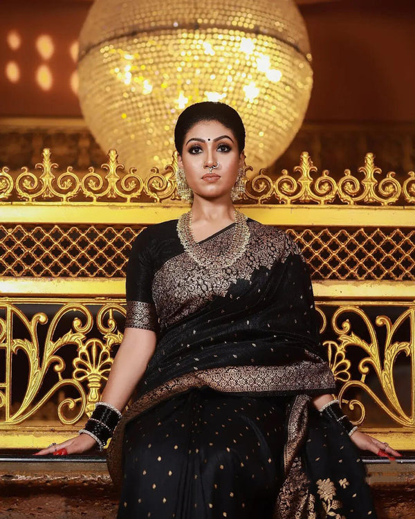 A dreamy Black Soft Banarasi silk saree With Lissome Blouse Piece - Shop authentic Indian Women's Fashion by Silk Folks