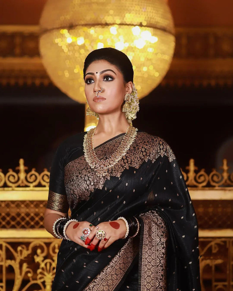 Outstanding Black Soft Banarasi Silk Saree With Angelic Blouse Piece - Shop authentic Indian Women's Fashion by Silk Folks