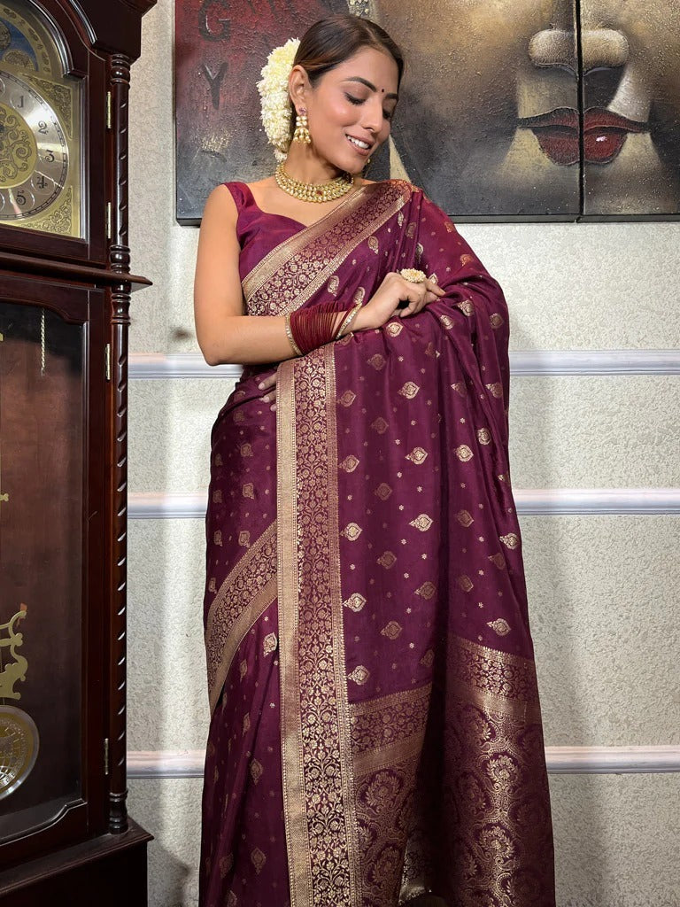 Extraordinary Wine Soft Silk Saree With Seraglio Blouse Piece - Shop authentic Indian Women's Fashion by Silk Folks