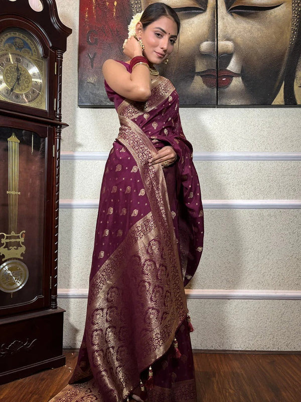 Extraordinary Wine Soft Silk Saree With Seraglio Blouse Piece - Shop authentic Indian Women's Fashion by Silk Folks