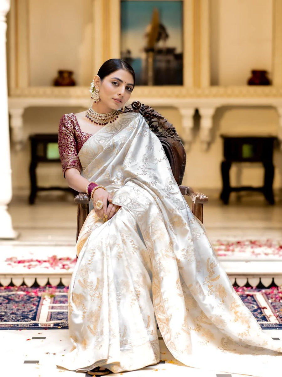 Enigmatic Off White Soft Silk Saree With Transcendent Blouse Piece - Shop authentic Indian Women's Fashion by Silk Folks