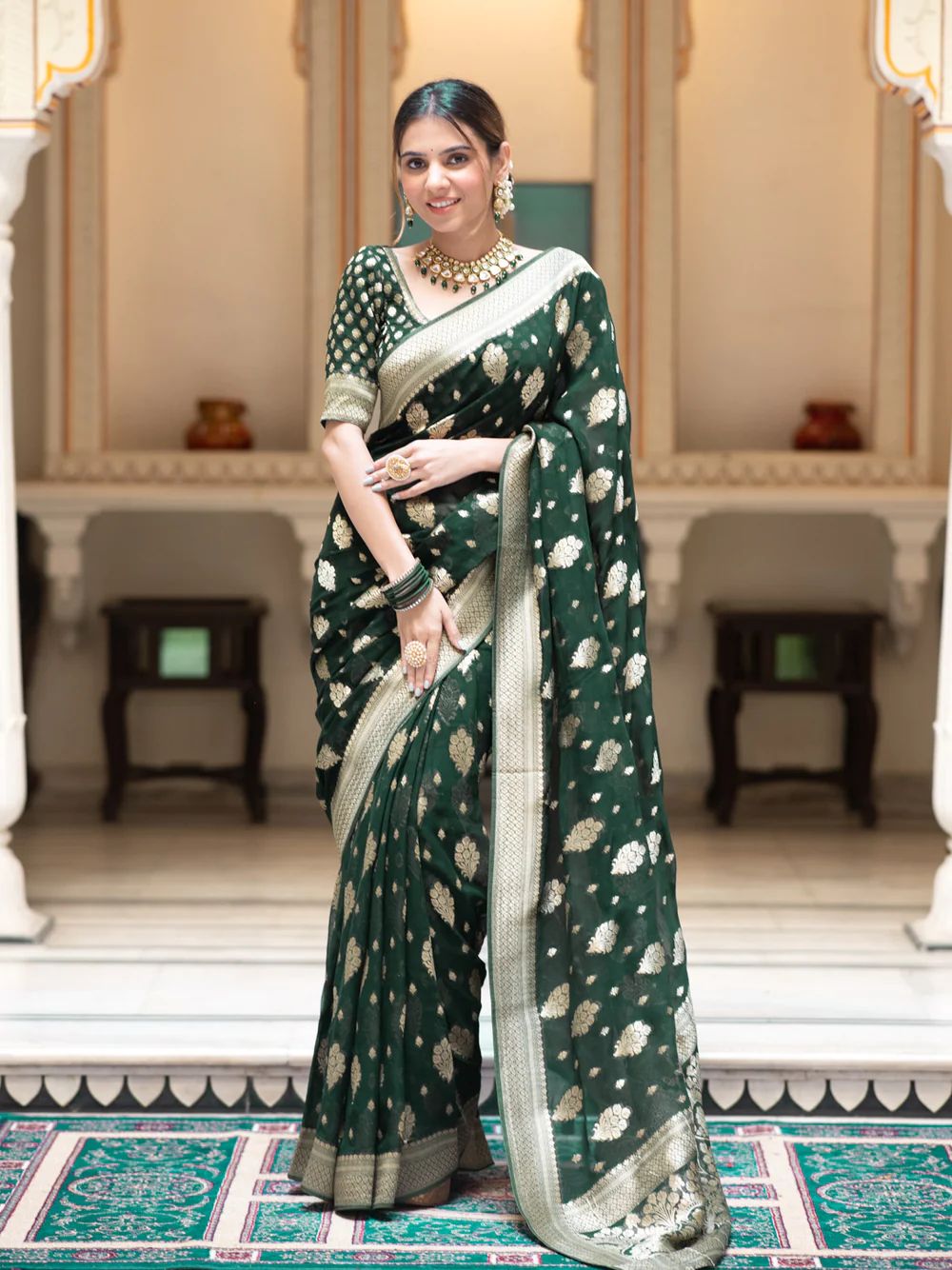 Desiring Dark Green Soft Banarasi Silk Saree With Exceptional Blouse P - Shop authentic Indian Women's Fashion by Silk Folks