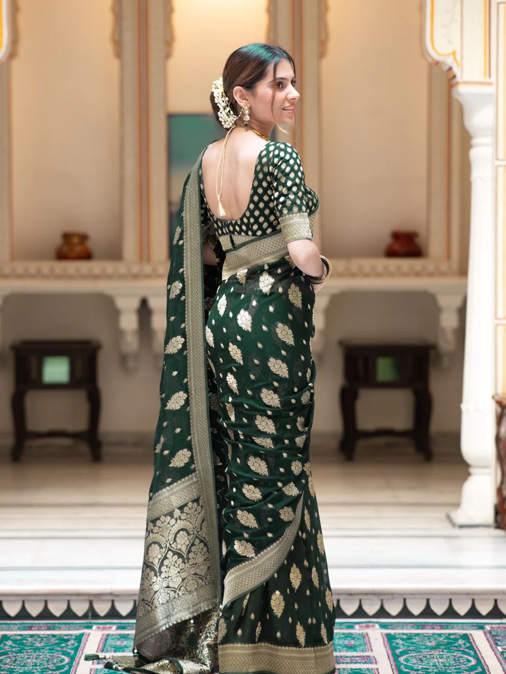 Desiring Dark Green Soft Banarasi Silk Saree With Exceptional Blouse P - Shop authentic Indian Women's Fashion by Silk Folks