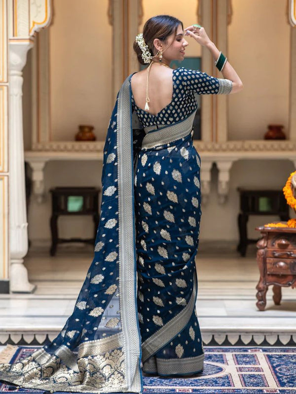 Surpassing Navy Blue Soft Banarasi Silk Saree With Attractive Blouse P - Shop authentic Indian Women's Fashion by Silk Folks