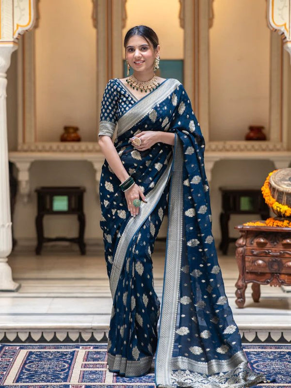 Surpassing Navy Blue Soft Banarasi Silk Saree With Attractive Blouse P - Shop authentic Indian Women's Fashion by Silk Folks