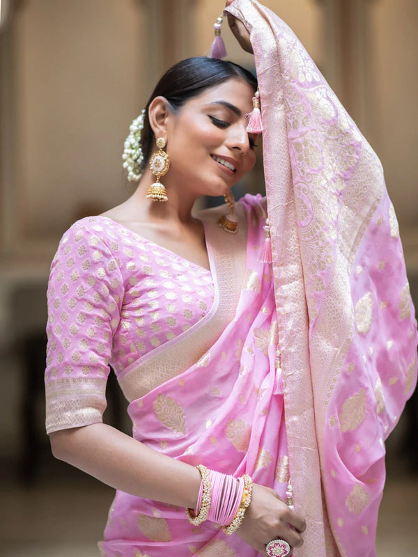 Designer Pink Soft Banarasi Silk Saree With Twirling Blouse Piece - Shop authentic Indian Women's Fashion by Silk Folks