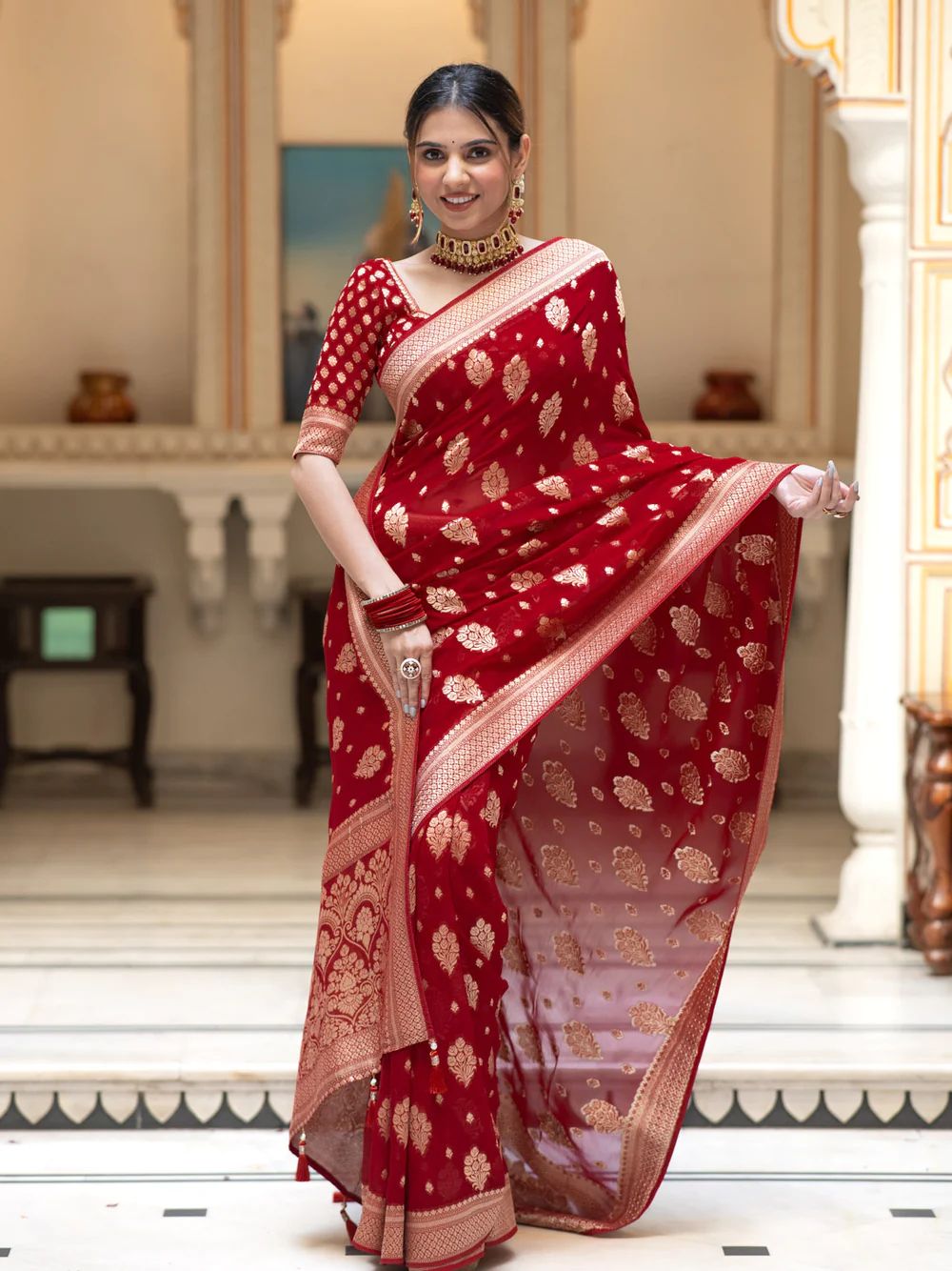 Impressive Red Soft Banarasi Silk Saree With Dalliance Blouse Piece - Shop authentic Indian Women's Fashion by Silk Folks