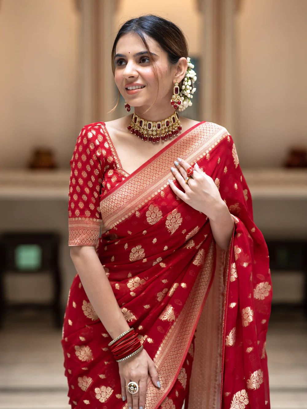 Impressive Red Soft Banarasi Silk Saree With Dalliance Blouse Piece - Shop authentic Indian Women's Fashion by Silk Folks