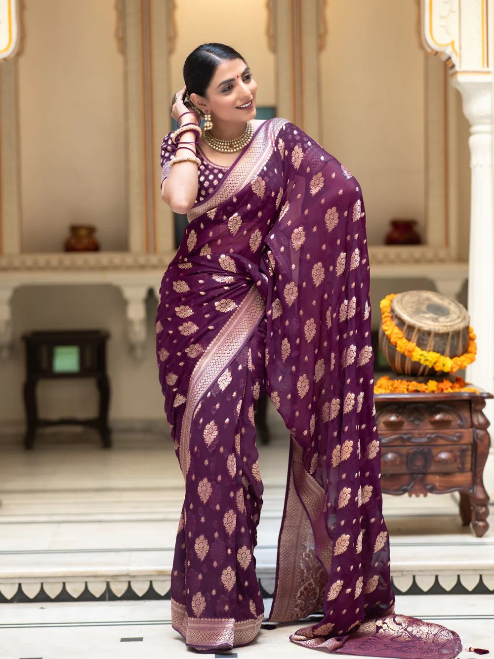 Intricate Wine Soft Banarasi Silk Saree With Devastating Blouse Piece - Shop authentic Indian Women's Fashion by Silk Folks