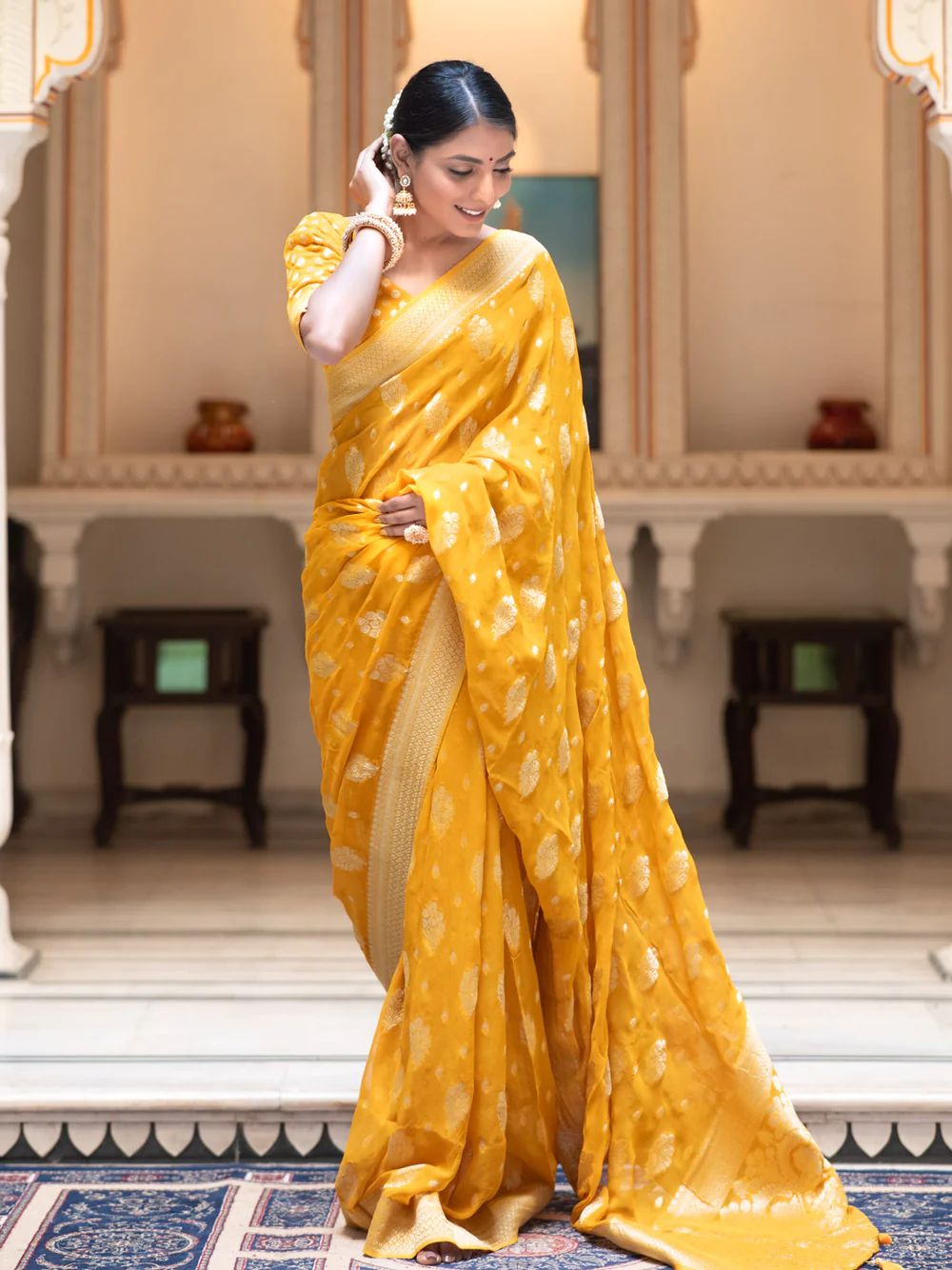 Demanding Yellow Soft Banarasi Silk Saree With Impressive Blouse Piece - Shop authentic Indian Women's Fashion by Silk Folks