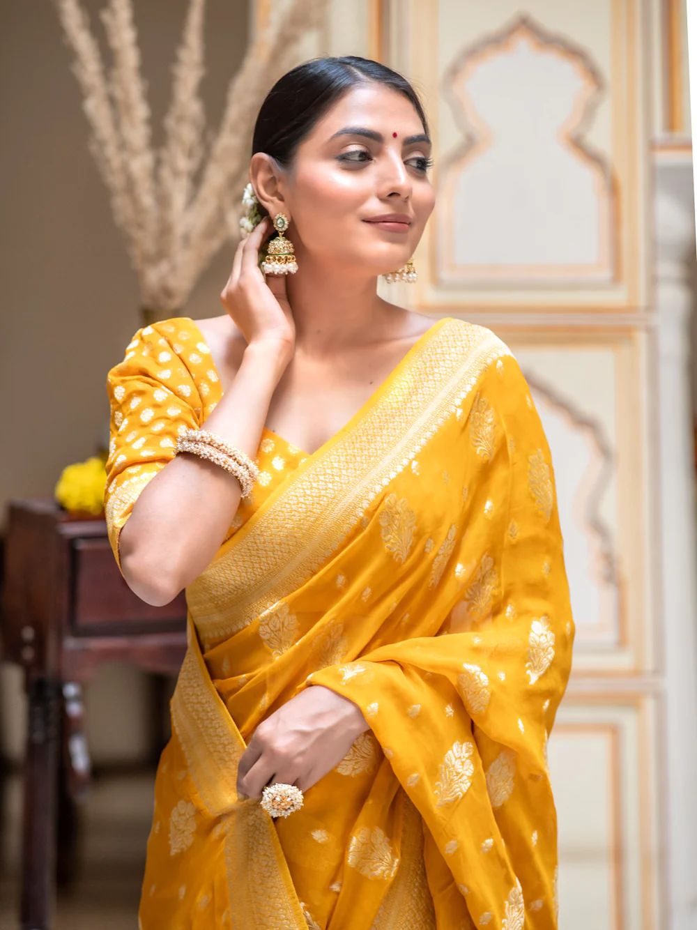 Demanding Yellow Soft Banarasi Silk Saree With Impressive Blouse Piece - Shop authentic Indian Women's Fashion by Silk Folks