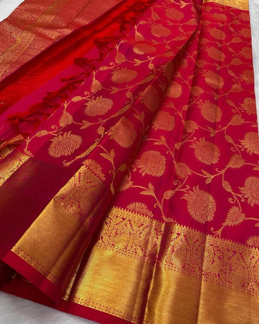 Mesmeric Red Soft Banarasi Silk Saree With Inspiring Blouse Piece - Shop authentic Indian Women's Fashion by Silk Folks