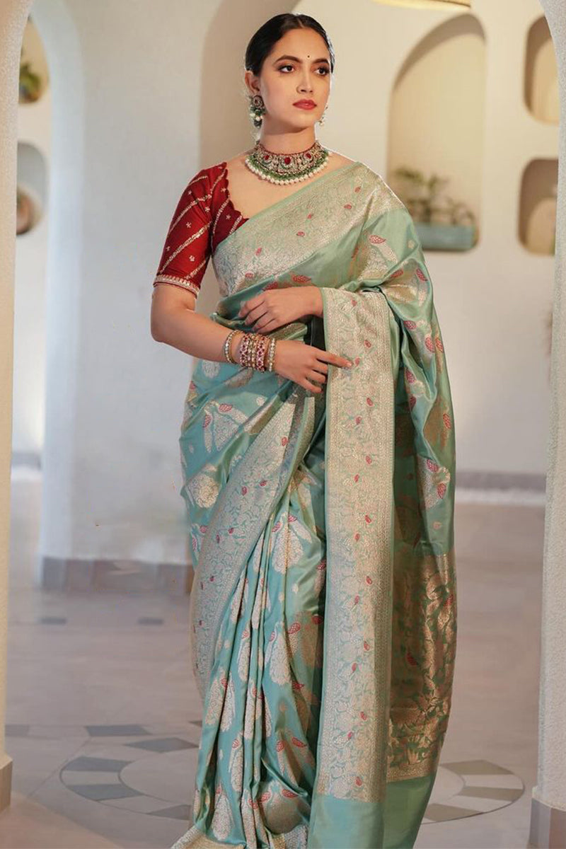 Gleaming Sea Green Soft Silk Saree With Energetic Blouse Piece - Shop authentic Indian Women's Fashion by Silk Folks
