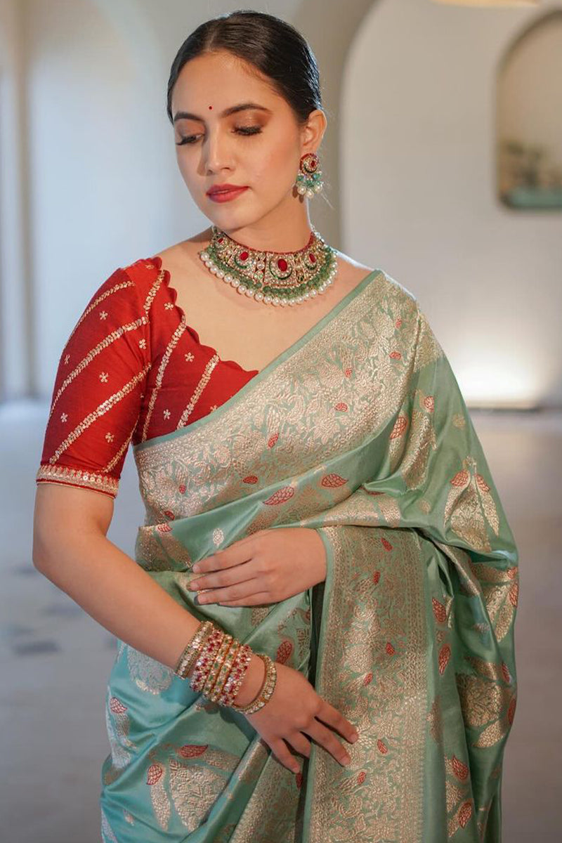 Gleaming Sea Green Soft Silk Saree With Energetic Blouse Piece - Shop authentic Indian Women's Fashion by Silk Folks