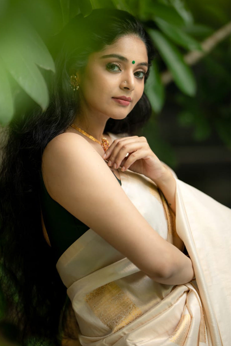 Ephemeral Beige Soft Silk Saree With Devastating Blouse Piece - Shop authentic Indian Women's Fashion by Silk Folks