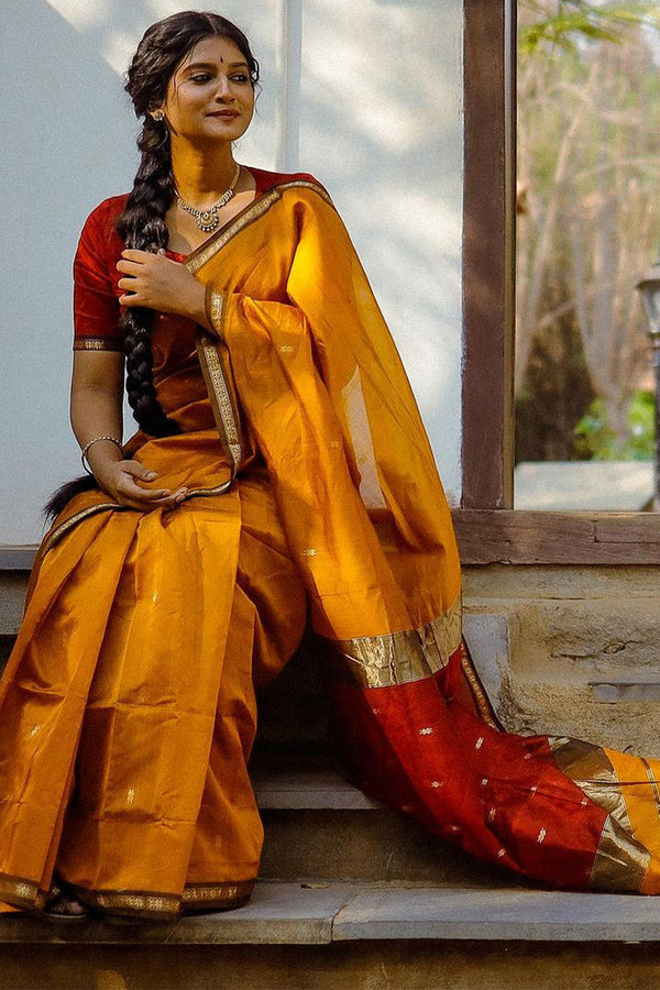 Trendy Yellow Cotton Silk Saree With Enchanting Blouse Piece - Shop authentic Indian Women's Fashion by Silk Folks
