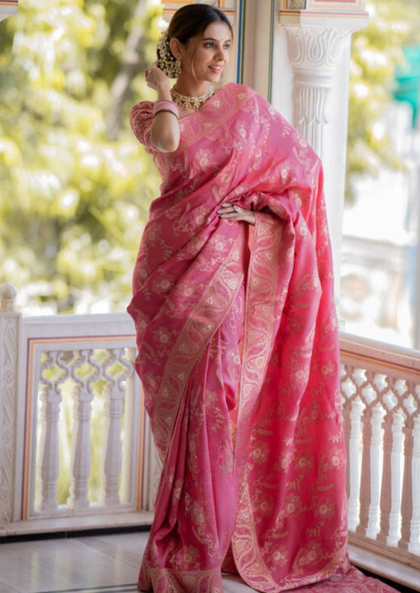 Flattering Pink Soft Silk Saree With Innovative Blouse Piece - Shop authentic Indian Women's Fashion by Silk Folks