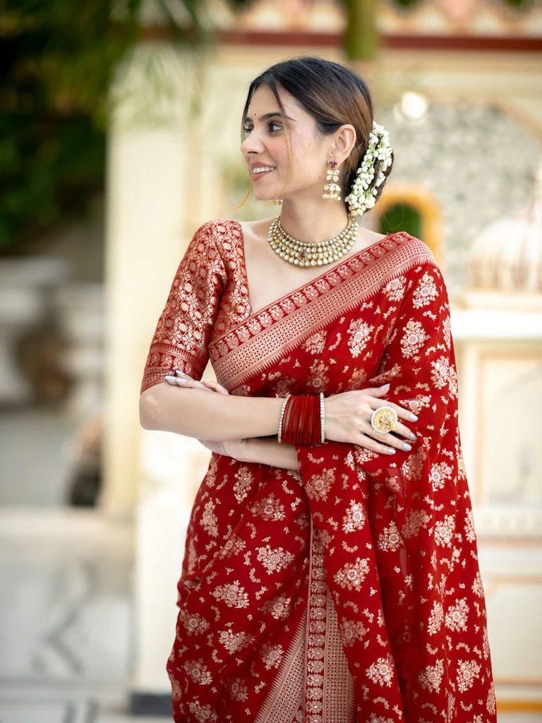 Enigmatic Red Soft Silk Saree With Splendorous Blouse Piece - Shop authentic Indian Women's Fashion by Silk Folks
