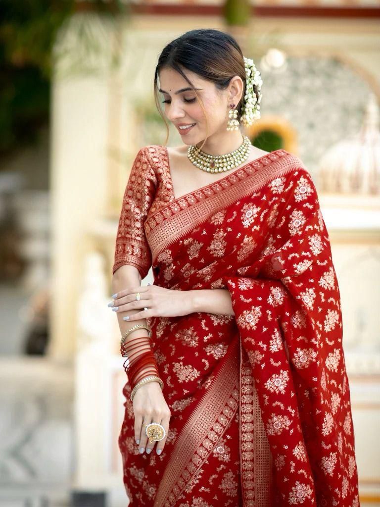Enigmatic Red Soft Silk Saree With Splendorous Blouse Piece - Shop authentic Indian Women's Fashion by Silk Folks