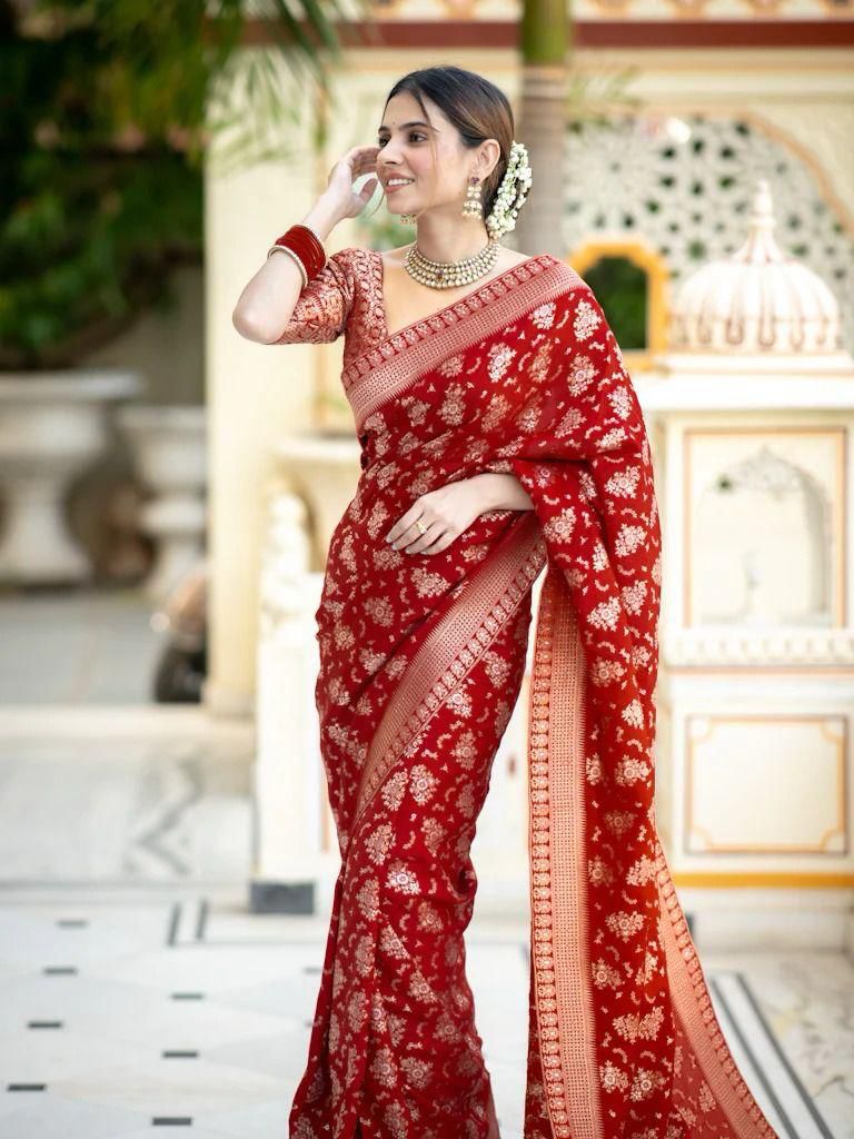 Enigmatic Red Soft Silk Saree With Splendorous Blouse Piece - Shop authentic Indian Women's Fashion by Silk Folks