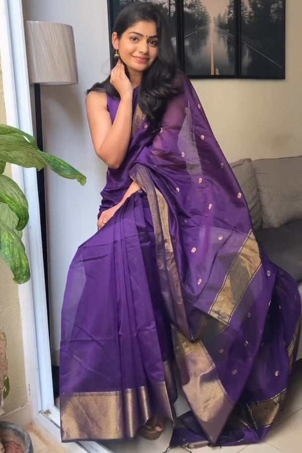 Plum Purple Maheshawari Cotton Silk Saree - Shop authentic Indian Women's Fashion by Silk Folks
