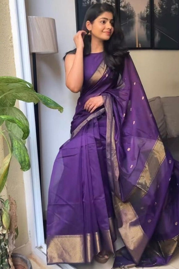Pretty Purple Cotton Silk Saree With Sizzling Blouse Piece - Shop authentic Indian Women's Fashion by Silk Folks