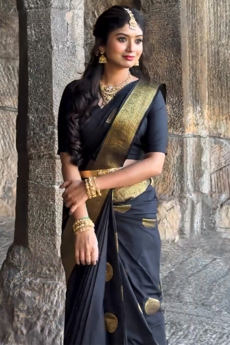 Conflate Black Soft Silk Saree With Demure Blouse Piece - Shop authentic Indian Women's Fashion by Silk Folks