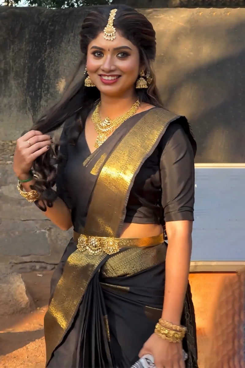 Conflate Black Soft Silk Saree With Demure Blouse Piece - Shop authentic Indian Women's Fashion by Silk Folks