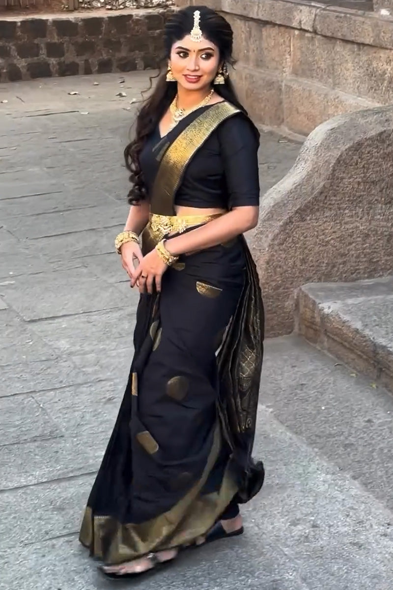 Conflate Black Soft Silk Saree With Demure Blouse Piece - Shop authentic Indian Women's Fashion by Silk Folks