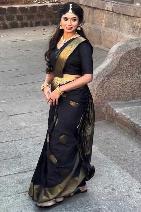 Conflate Black Soft Silk Saree With Demure Blouse Piece - Shop authentic Indian Women's Fashion by Silk Folks