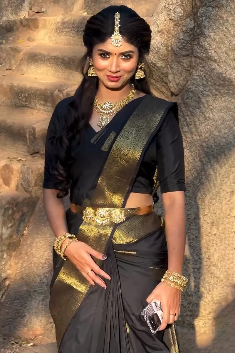 Conflate Black Soft Silk Saree With Demure Blouse Piece - Shop authentic Indian Women's Fashion by Silk Folks