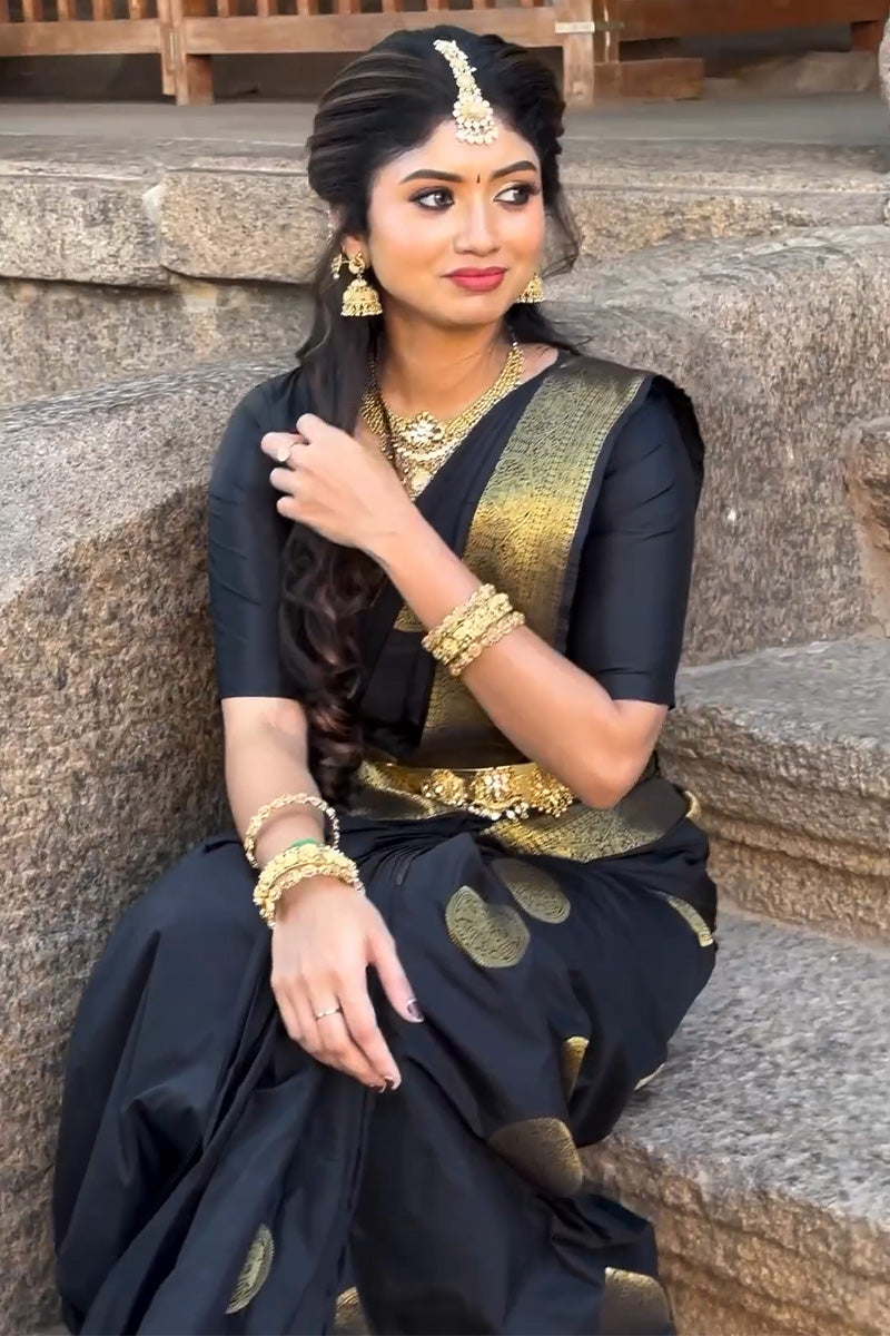 Conflate Black Soft Silk Saree With Demure Blouse Piece - Shop authentic Indian Women's Fashion by Silk Folks