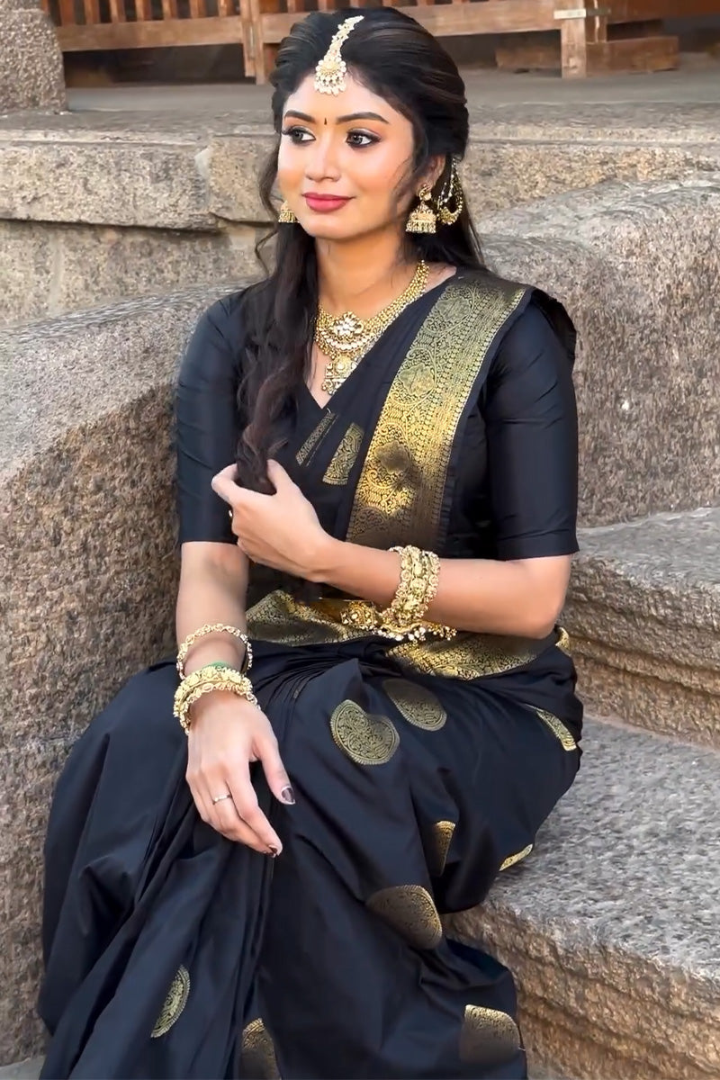 Conflate Black Soft Silk Saree With Demure Blouse Piece - Shop authentic Indian Women's Fashion by Silk Folks