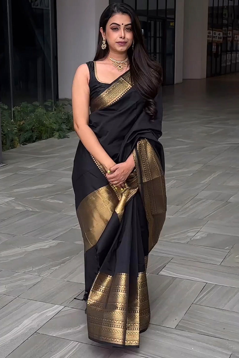 Evanescent Black Soft Silk Saree With Imbrication Blouse Piece - Shop authentic Indian Women's Fashion by Silk Folks