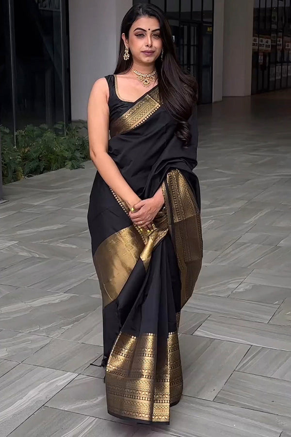 Evanescent Black Soft Silk Saree With Imbrication Blouse Piece - Shop authentic Indian Women's Fashion by Silk Folks