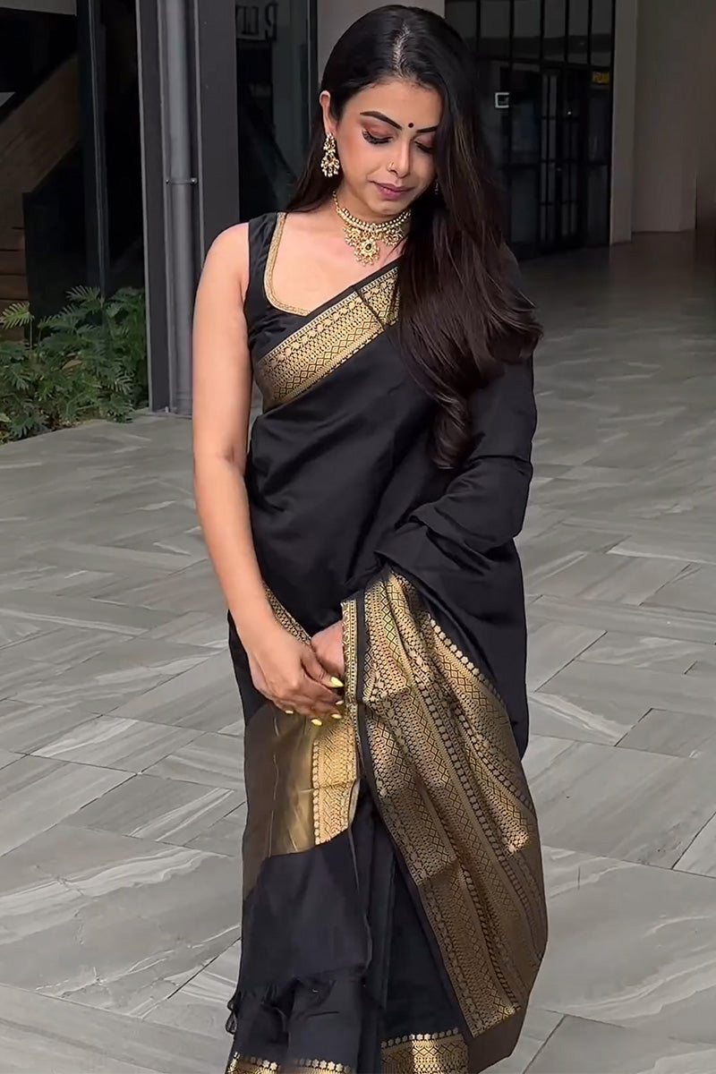 Evanescent Black Soft Silk Saree With Imbrication Blouse Piece - Shop authentic Indian Women's Fashion by Silk Folks