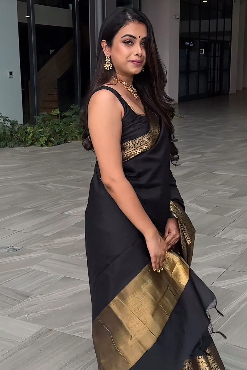 Evanescent Black Soft Silk Saree With Imbrication Blouse Piece - Shop authentic Indian Women's Fashion by Silk Folks