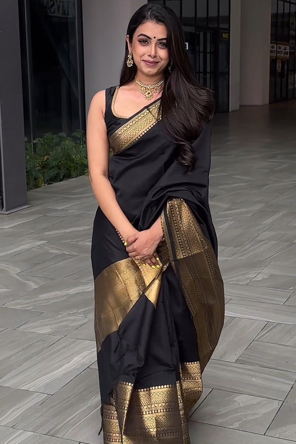 Appealing Black Soft Silk Saree With Prominent Blouse Piece - Shop authentic Indian Women's Fashion by Silk Folks