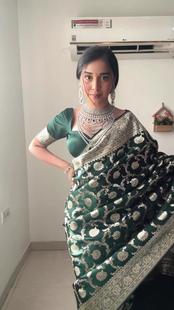 Charming 1-Minute Ready To Wear Green Soft Silk Saree - Shop authentic Indian Women's Fashion by Silk Folks
