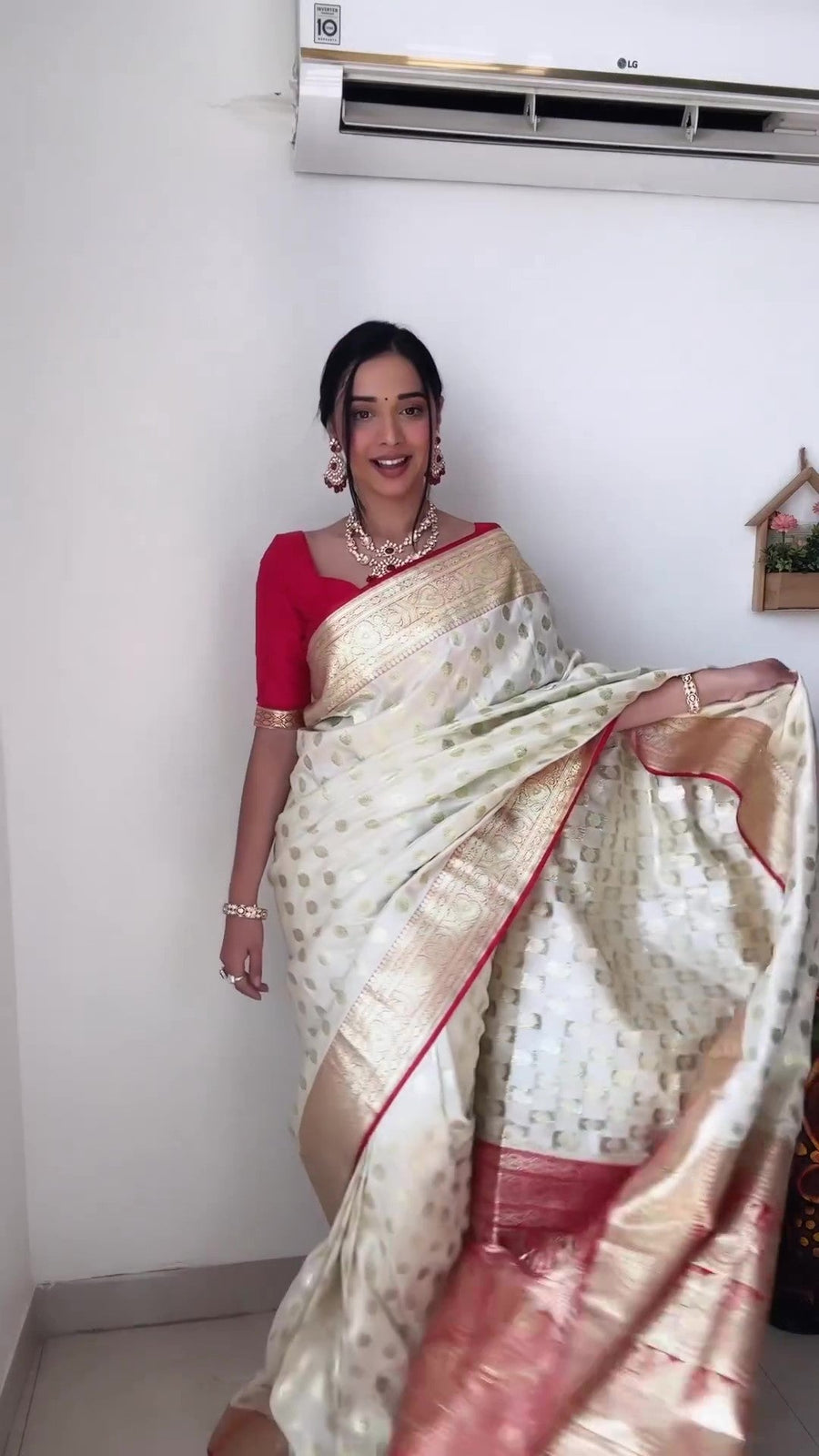 Attractive 1-Minute Ready To Wear Beige Soft Silk Saree - Shop authentic Indian Women's Fashion by Silk Folks