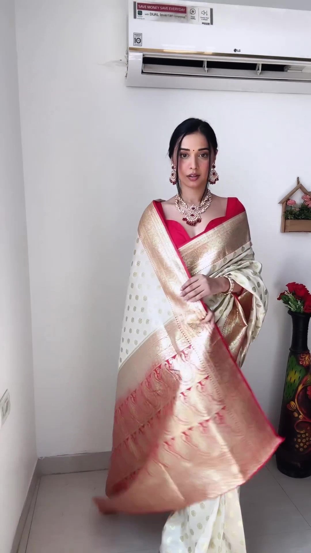 Attractive 1-Minute Ready To Wear Beige Soft Silk Saree - Shop authentic Indian Women's Fashion by Silk Folks