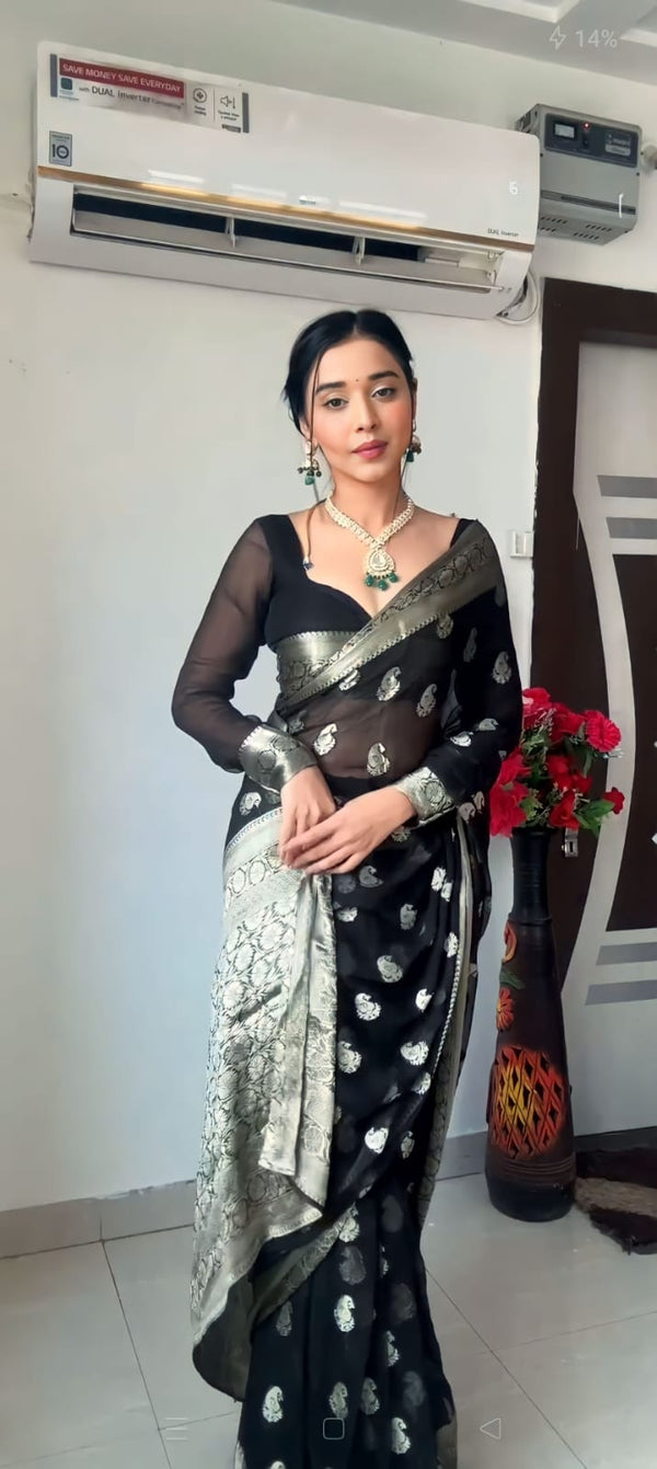 Beautiful 1-Minute Ready To Wear Black Cotton Silk Saree - Shop authentic Indian Women's Fashion by Silk Folks