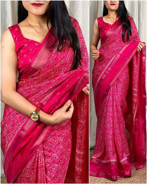Profuse Dark Pink Digital Printed Dola Silk Saree With Exquisite Blous - Shop authentic Indian Women's Fashion by Silk Folks