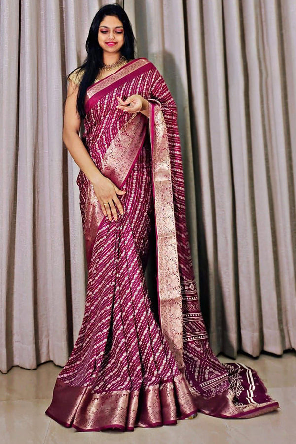 Denouement Wine Digital Printed Dola Silk Saree With Scrumptious Blous - Shop authentic Indian Women's Fashion by Silk Folks