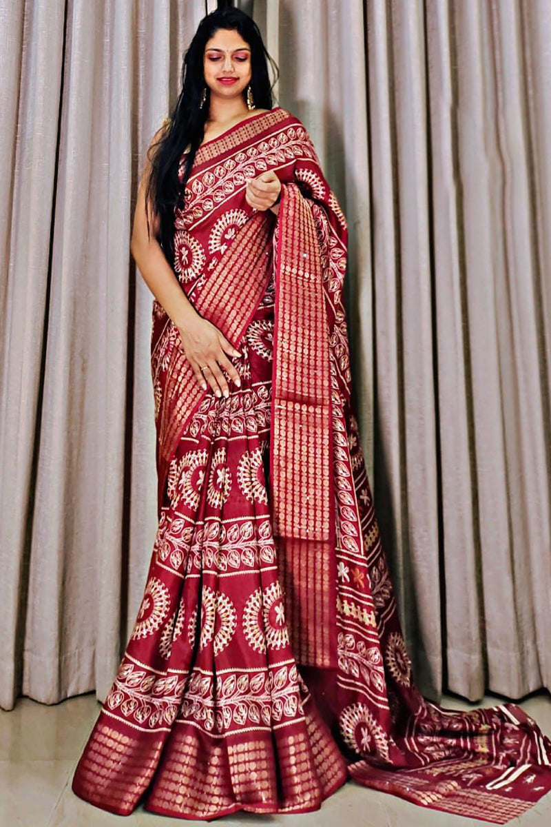 Petrichor Maroon Digital Printed Dola Silk Saree With Refreshing Blous - Shop authentic Indian Women's Fashion by Silk Folks